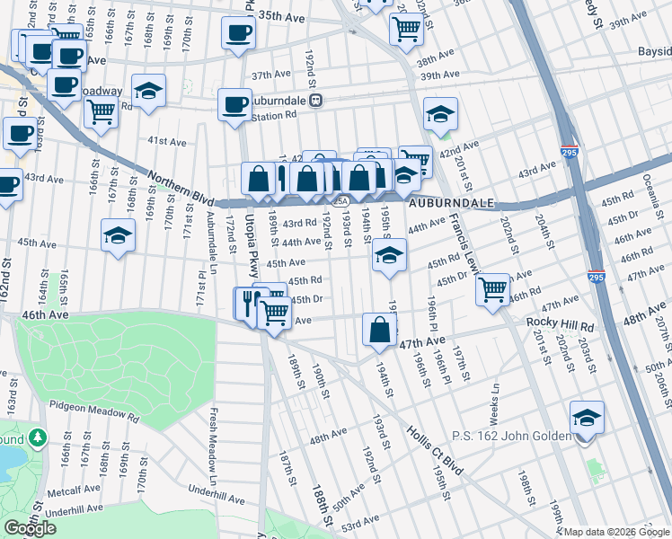 map of restaurants, bars, coffee shops, grocery stores, and more near 45-28 192nd Street in Queens