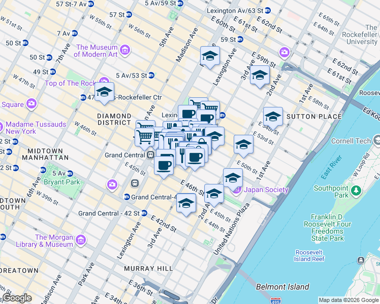 map of restaurants, bars, coffee shops, grocery stores, and more near in New York