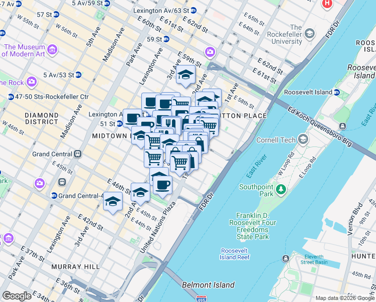 map of restaurants, bars, coffee shops, grocery stores, and more near 335 East 51st Street in New York