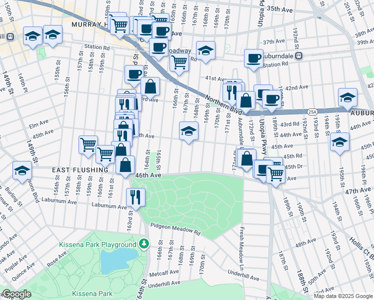 map of restaurants, bars, coffee shops, grocery stores, and more near 167-02 45th Avenue in Queens