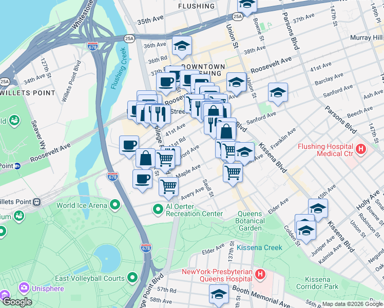 map of restaurants, bars, coffee shops, grocery stores, and more near 132-40 Sanford Avenue in Queens