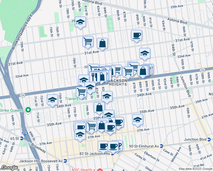 map of restaurants, bars, coffee shops, grocery stores, and more near 33-16 82nd Street in Queens