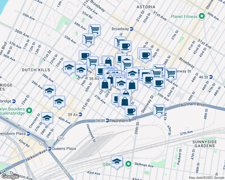map of restaurants, bars, coffee shops, grocery stores, and more near 36-11 34th Street in Queens