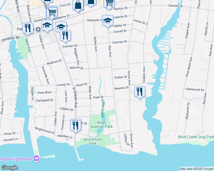 map of restaurants, bars, coffee shops, grocery stores, and more near 308 Bay Avenue in Patchogue