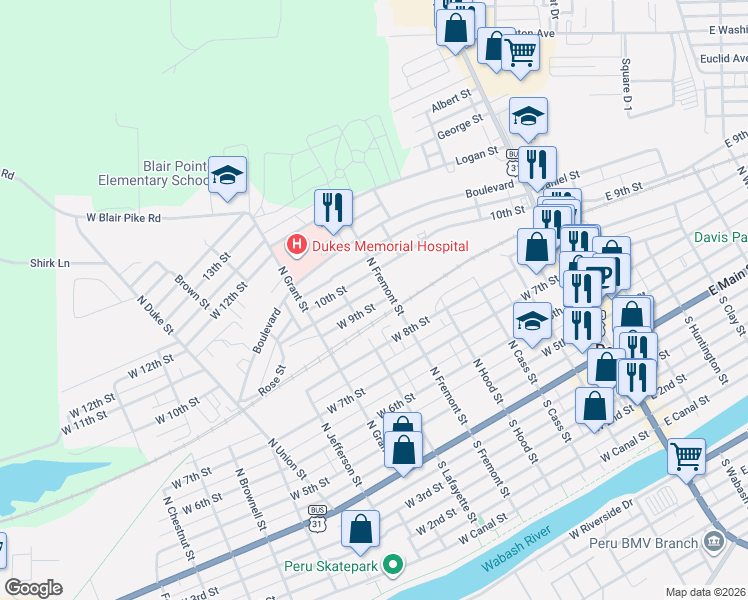 map of restaurants, bars, coffee shops, grocery stores, and more near 201-249 West 9th Street in Peru