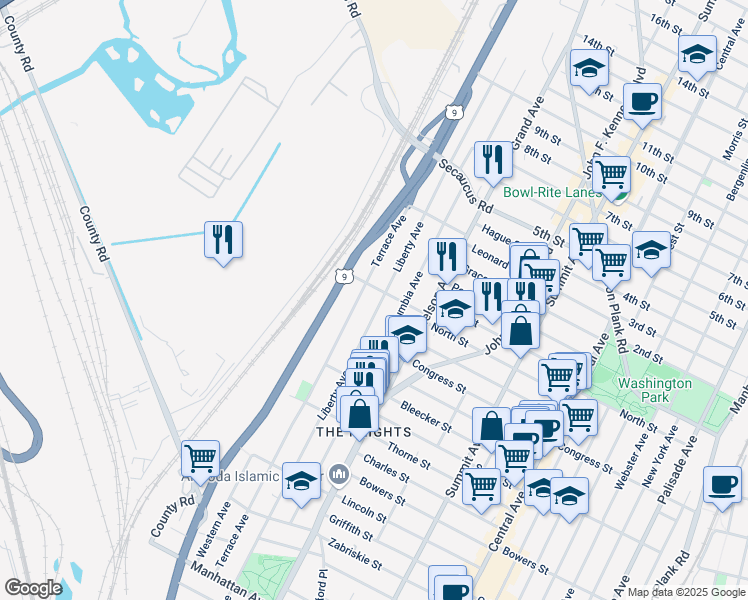 map of restaurants, bars, coffee shops, grocery stores, and more near in Jersey City