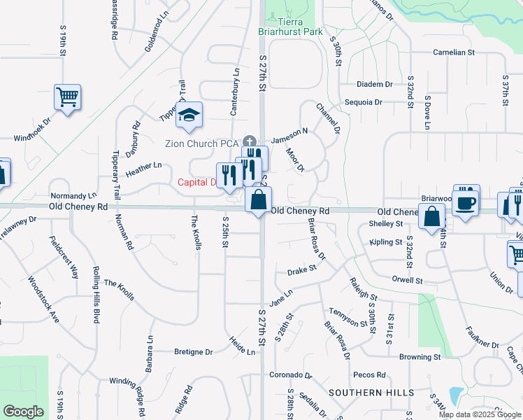map of restaurants, bars, coffee shops, grocery stores, and more near Old Cheney Rd & S 27th St in Lincoln