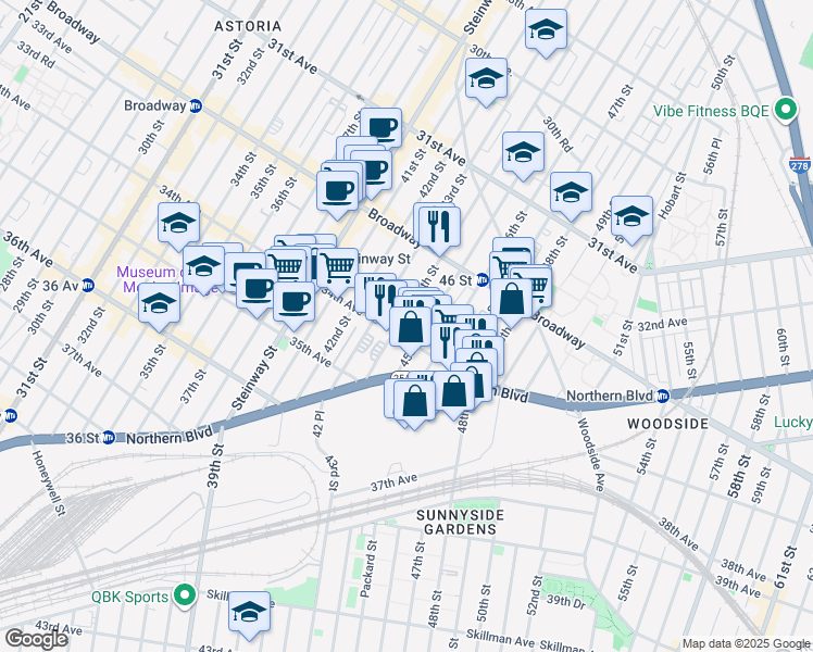 map of restaurants, bars, coffee shops, grocery stores, and more near 32-86 45th Street in Queens