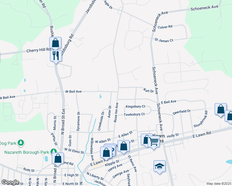 map of restaurants, bars, coffee shops, grocery stores, and more near 104 West Beil Avenue in Nazareth