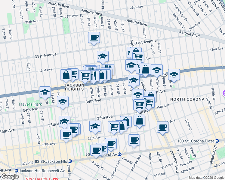 map of restaurants, bars, coffee shops, grocery stores, and more near in Queens
