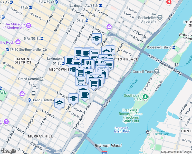 map of restaurants, bars, coffee shops, grocery stores, and more near 330 East 52nd Street in New York