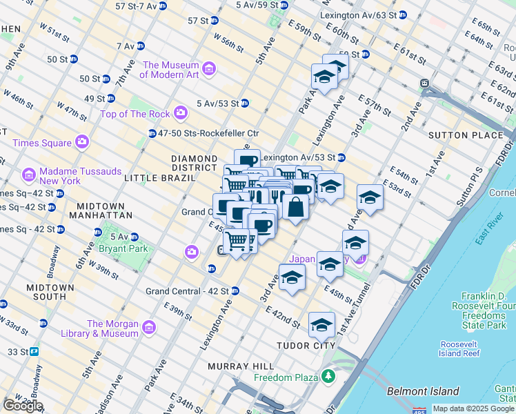 map of restaurants, bars, coffee shops, grocery stores, and more near 277 Park Avenue in New York