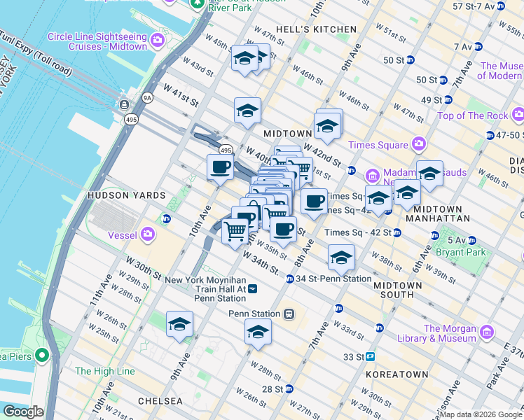 map of restaurants, bars, coffee shops, grocery stores, and more near in New York