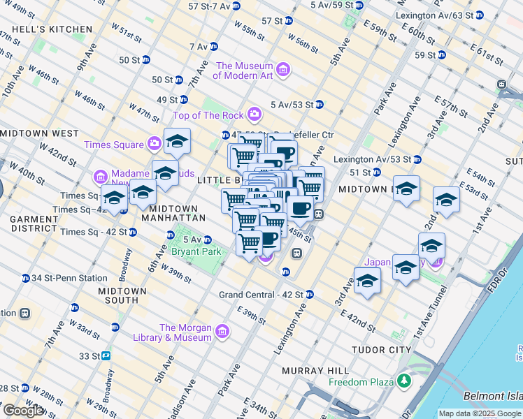 map of restaurants, bars, coffee shops, grocery stores, and more near 551 5th Avenue in New York