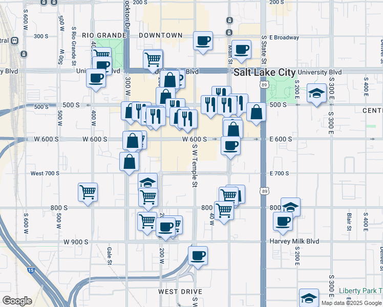 map of restaurants, bars, coffee shops, grocery stores, and more near 640 South West Temple Street in Salt Lake City