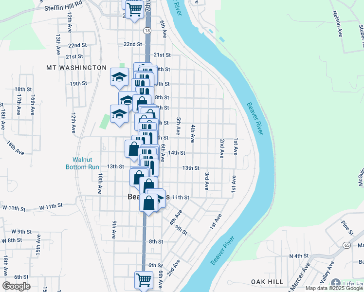 map of restaurants, bars, coffee shops, grocery stores, and more near 416 14th Street in Beaver Falls