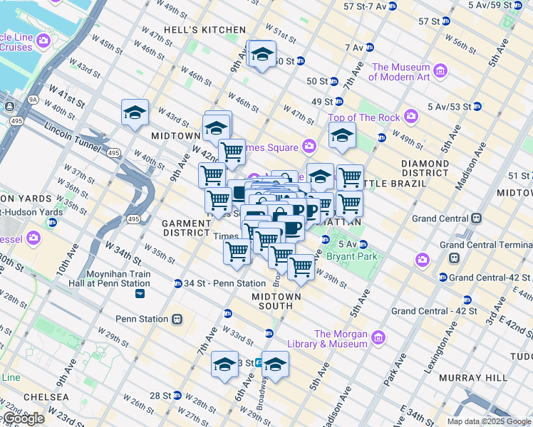 map of restaurants, bars, coffee shops, grocery stores, and more near 206 W 41st St in New York