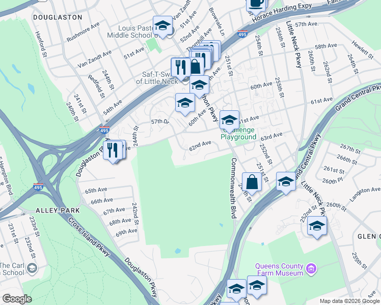 map of restaurants, bars, coffee shops, grocery stores, and more near 245-36 62nd Avenue in Queens