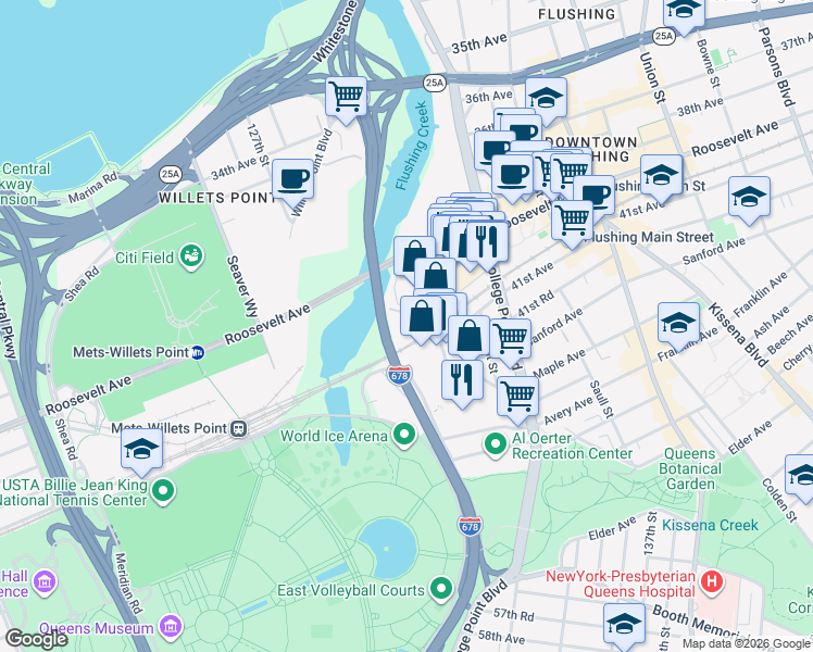 map of restaurants, bars, coffee shops, grocery stores, and more near 131-02 40th Road in Queens