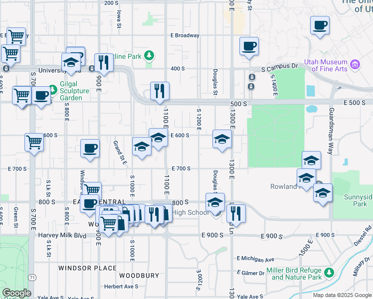 map of restaurants, bars, coffee shops, grocery stores, and more near 651 Elizabeth Street in Salt Lake City