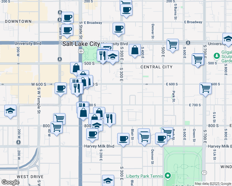 map of restaurants, bars, coffee shops, grocery stores, and more near 660 South 300 East in Salt Lake City
