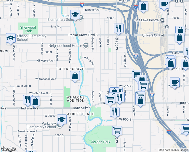 map of restaurants, bars, coffee shops, grocery stores, and more near 639 Jake Garn Boulevard in Salt Lake City