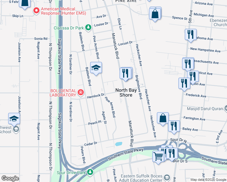 map of restaurants, bars, coffee shops, grocery stores, and more near 2 Plume Court in Bay Shore