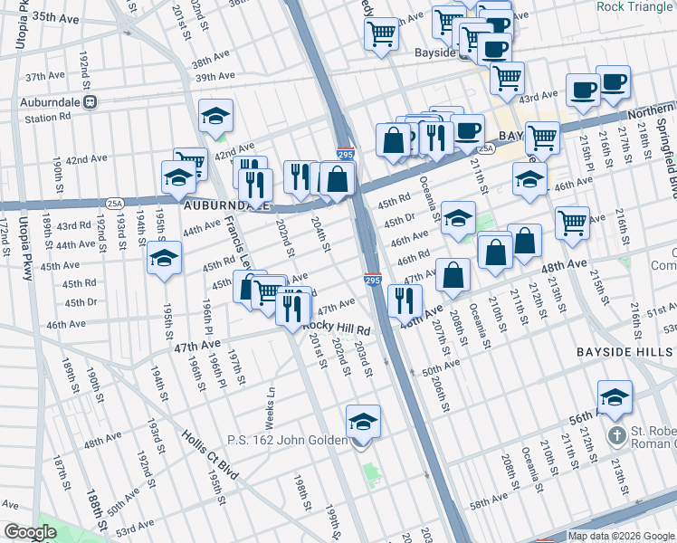 map of restaurants, bars, coffee shops, grocery stores, and more near 46-31 204th Street in Queens