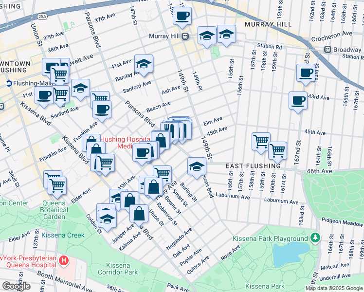map of restaurants, bars, coffee shops, grocery stores, and more near 45-28 Parsons Boulevard in Queens