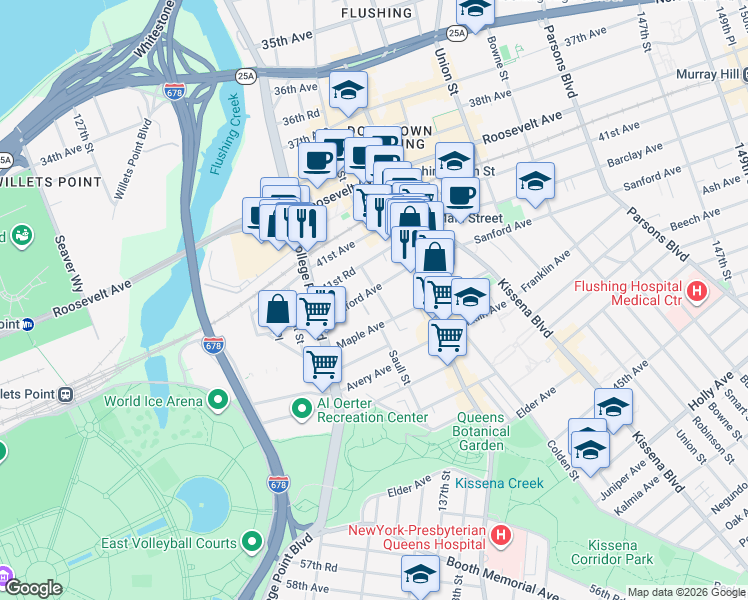 map of restaurants, bars, coffee shops, grocery stores, and more near 132-40 Sanford Avenue in Queens
