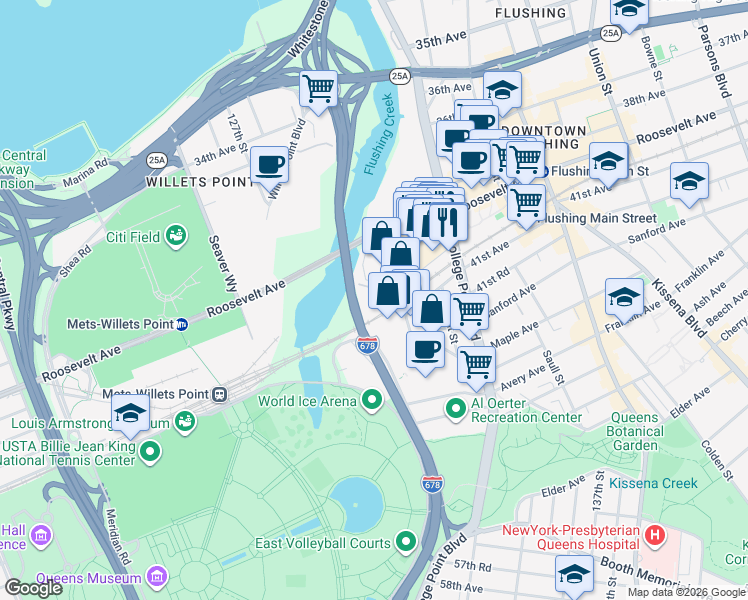 map of restaurants, bars, coffee shops, grocery stores, and more near 131-02 40th Road in Queens
