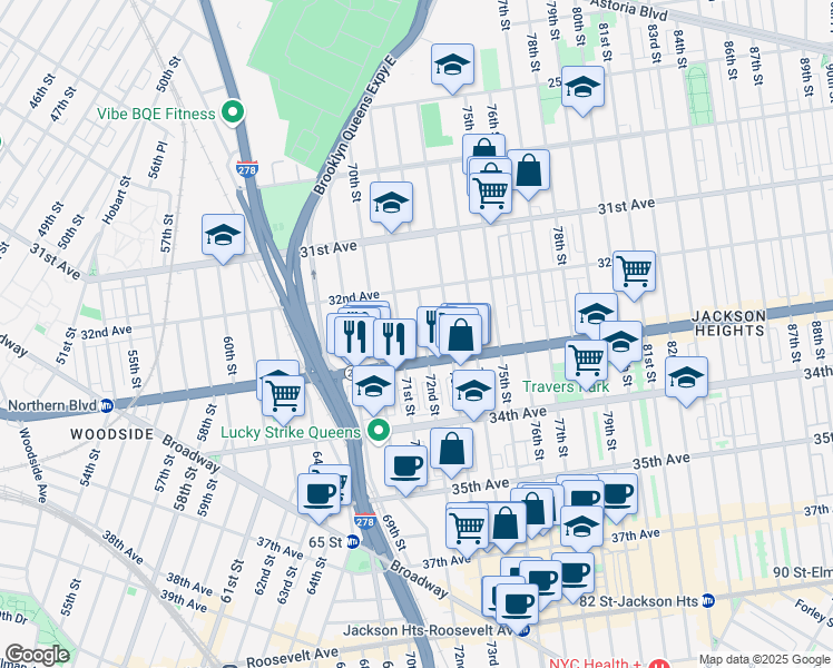map of restaurants, bars, coffee shops, grocery stores, and more near 72-09 Northern Boulevard in Queens