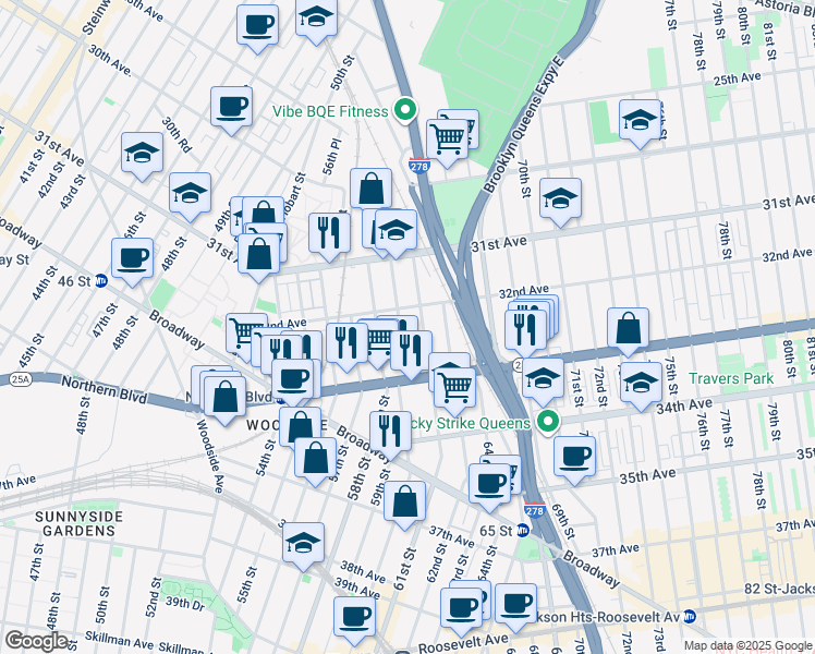 map of restaurants, bars, coffee shops, grocery stores, and more near 32-33 60th Street in Queens