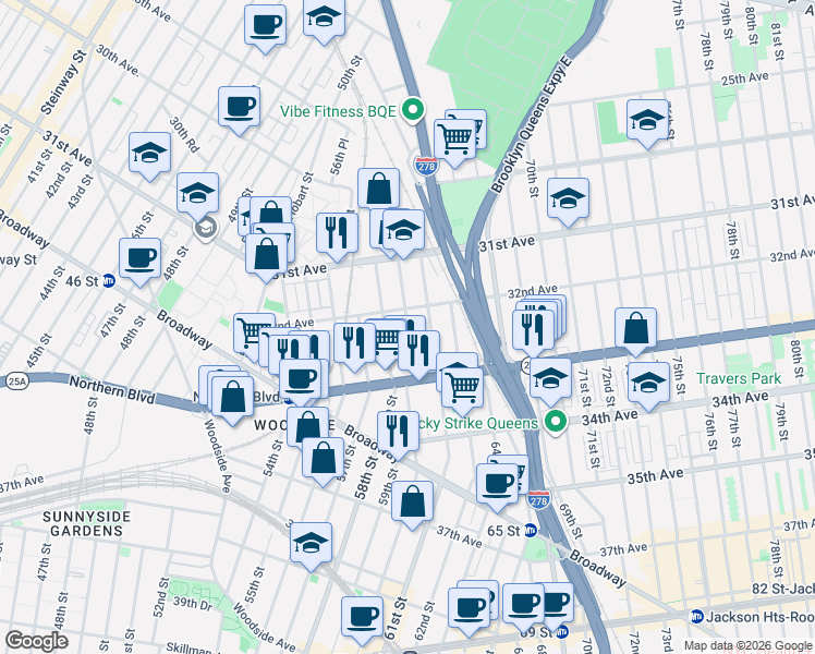 map of restaurants, bars, coffee shops, grocery stores, and more near 32-33 60th Street in Queens
