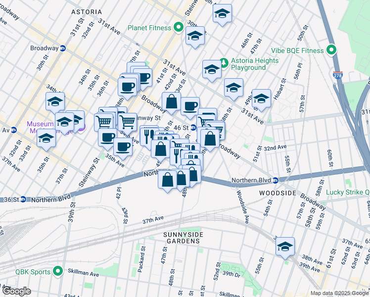 map of restaurants, bars, coffee shops, grocery stores, and more near 32-69 46th Street in Queens
