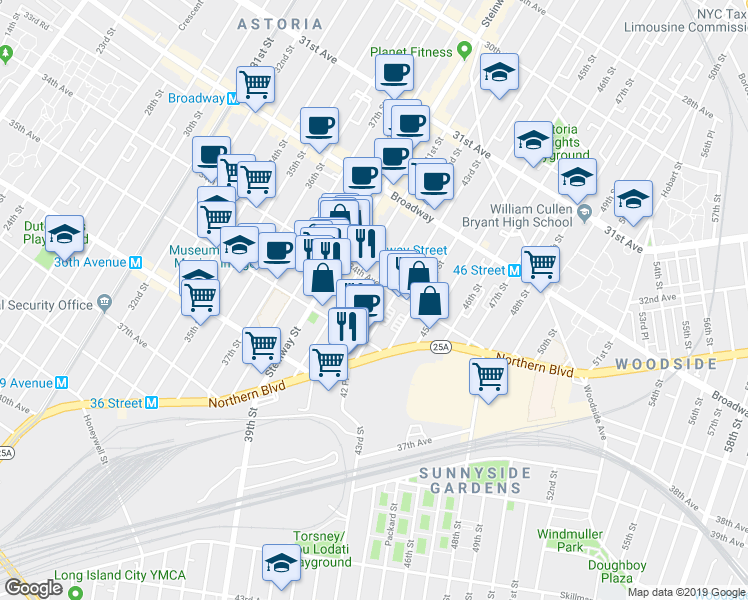 map of restaurants, bars, coffee shops, grocery stores, and more near 34-34 42nd Street in Queens