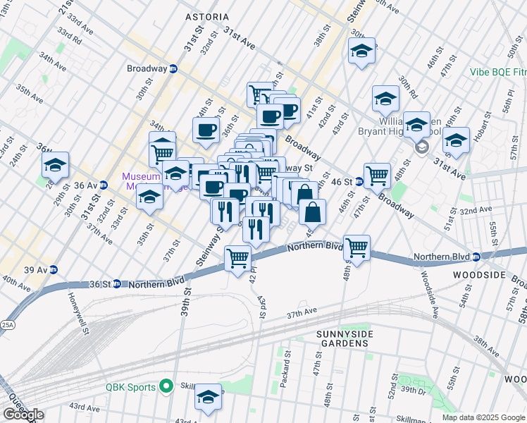 map of restaurants, bars, coffee shops, grocery stores, and more near 34-34 42nd Street in Queens