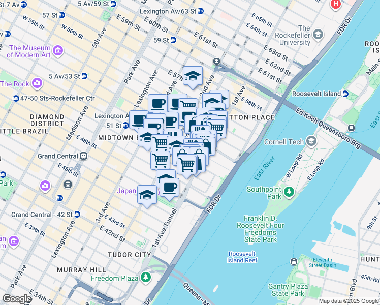 map of restaurants, bars, coffee shops, grocery stores, and more near 335 East 51st Street in New York