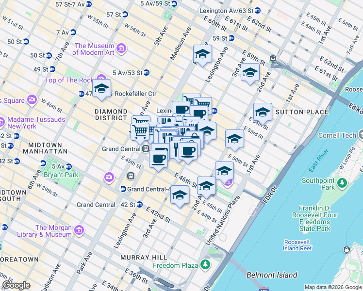 map of restaurants, bars, coffee shops, grocery stores, and more near 525 Lexington Avenue in New York