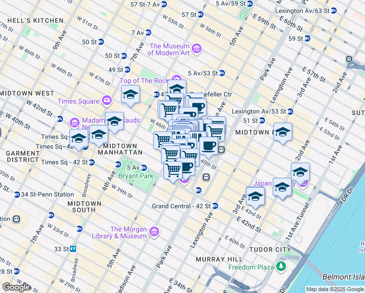 map of restaurants, bars, coffee shops, grocery stores, and more near 551 5th Avenue in New York