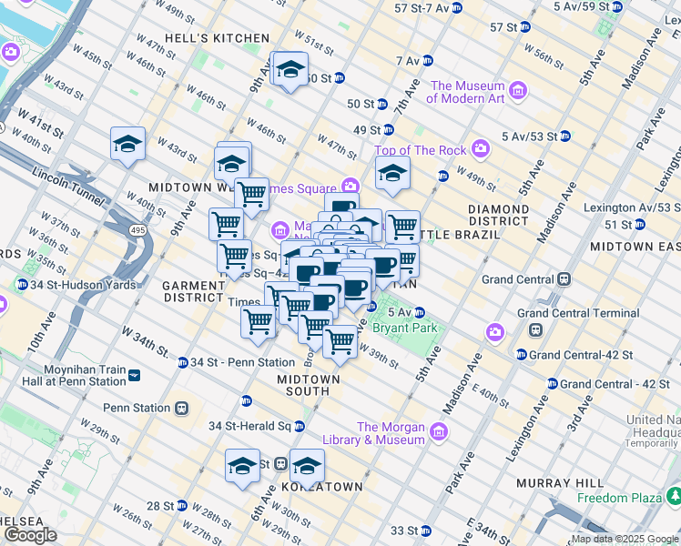 map of restaurants, bars, coffee shops, grocery stores, and more near 141 West 41st Street in New York