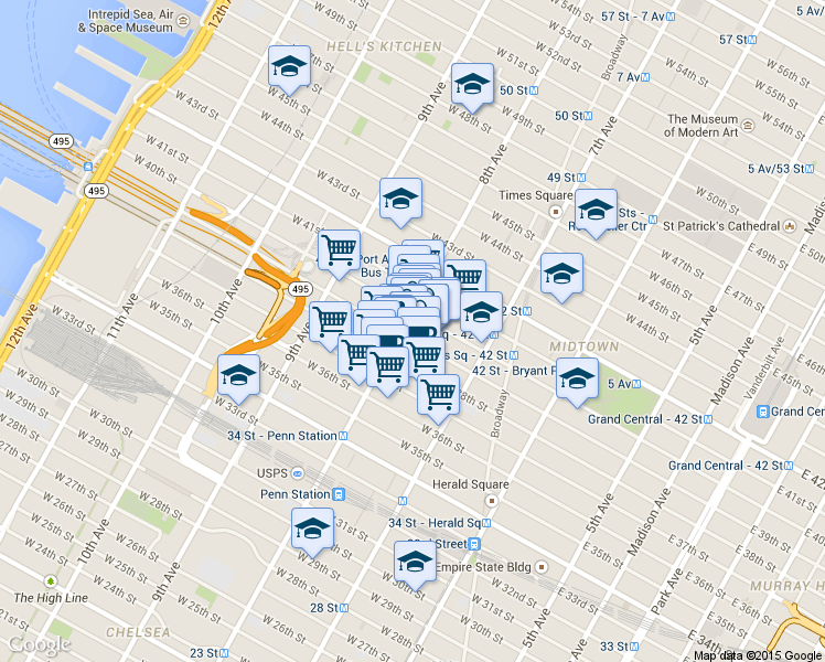 map of restaurants, bars, coffee shops, grocery stores, and more near 250 West 39th Street in New York