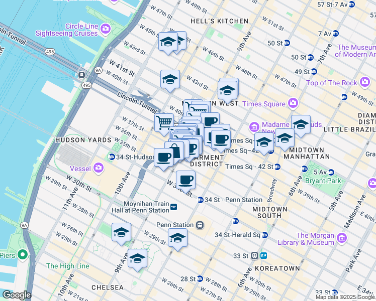 map of restaurants, bars, coffee shops, grocery stores, and more near in New York