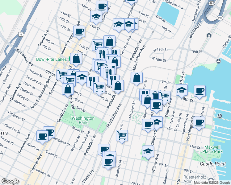 map of restaurants, bars, coffee shops, grocery stores, and more near 600 Palisade Avenue in Union City
