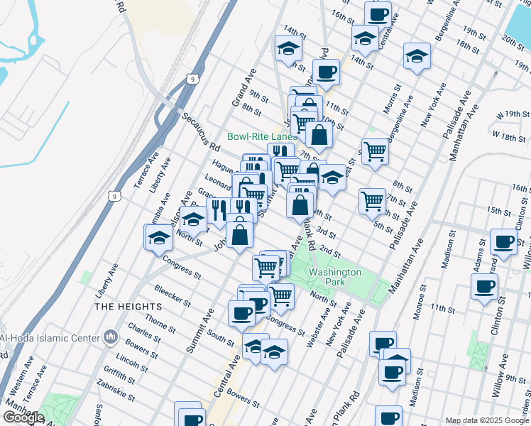 map of restaurants, bars, coffee shops, grocery stores, and more near 1170 Summit Avenue in Jersey City