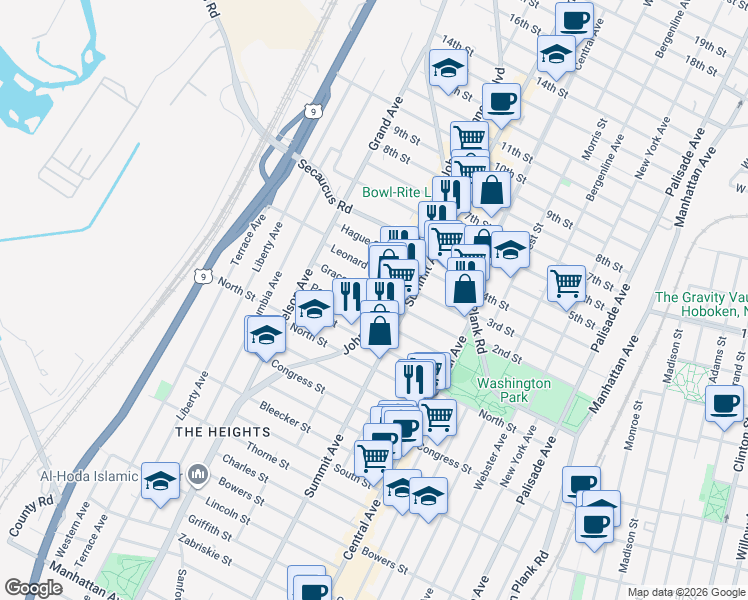 map of restaurants, bars, coffee shops, grocery stores, and more near 3664 John F. Kennedy Boulevard in Jersey City