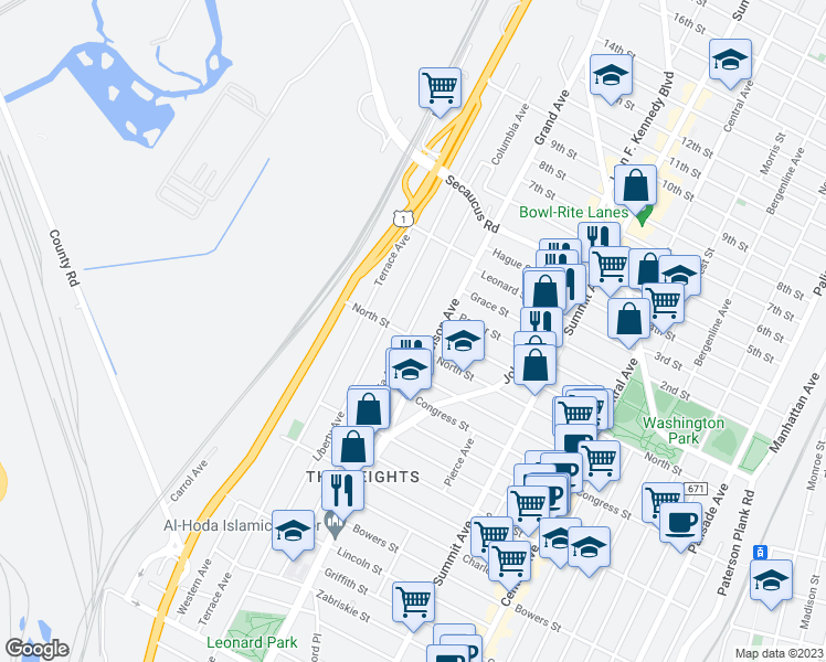 map of restaurants, bars, coffee shops, grocery stores, and more near 208 Columbia Avenue in Jersey City