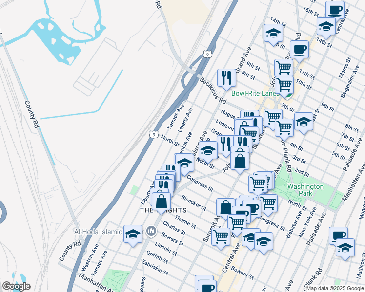map of restaurants, bars, coffee shops, grocery stores, and more near 208 Columbia Avenue in Jersey City