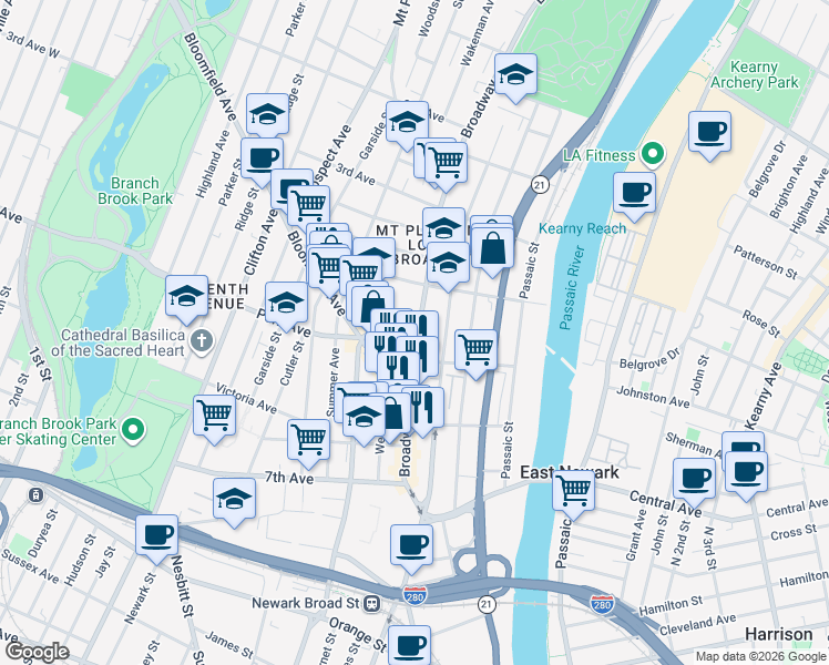 map of restaurants, bars, coffee shops, grocery stores, and more near 136A Broadway in Newark