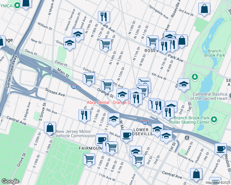 map of restaurants, bars, coffee shops, grocery stores, and more near 7 North 11th Street in Newark
